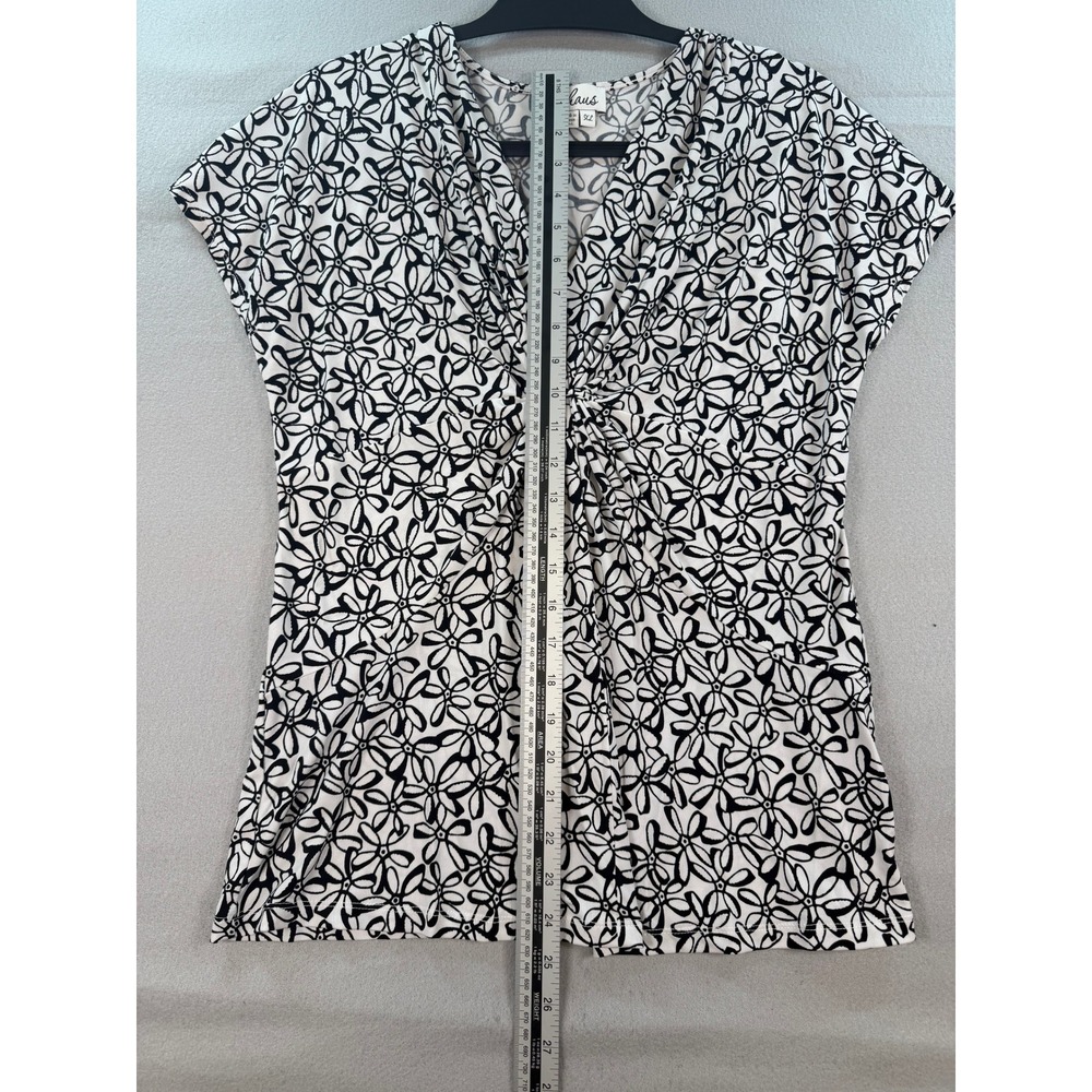 Chaus Womens XL Black White Floral V-Neck Knot Front Short Sleeve Blouse Top